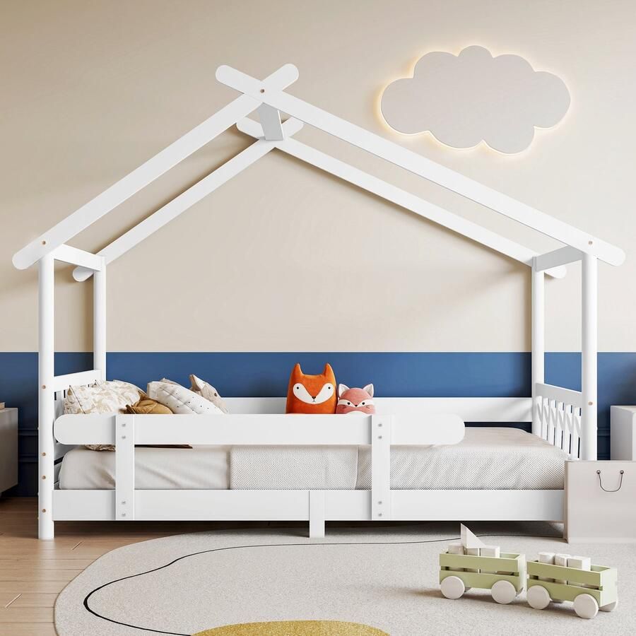 Gutent Kinderbed Peuterbed Wit (Zonder matras) Massief hout met lattenbodem en lattenbodem met valbeveiliging 200x90 cm mooi bed voor thuisgebruik voor kinderen en tieners