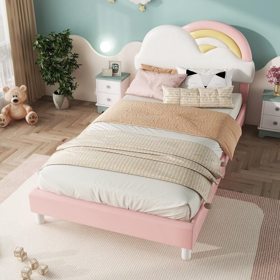 Gutent Kinderbed Roze 90 x 200 cm Gestoffeerd Wolkenachtige Regenboogvorm met lattenbodem polyurethaan minimalistische stijl