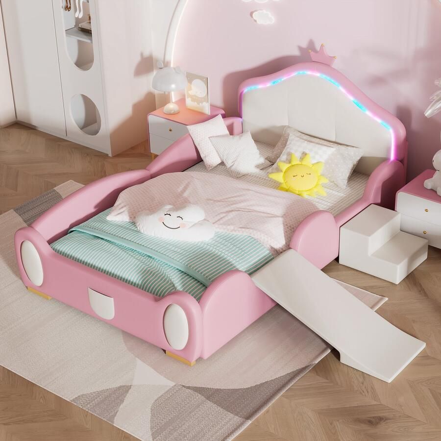 Sweiko Kinderbed Crown Cartoon bed met Veelkleurige Multi-mode LED strip Gestoffeerd bed met kleine Glijbaan en trap met Beschermende zachte randen met houten latten PU Roze&Beige 90x200cm
