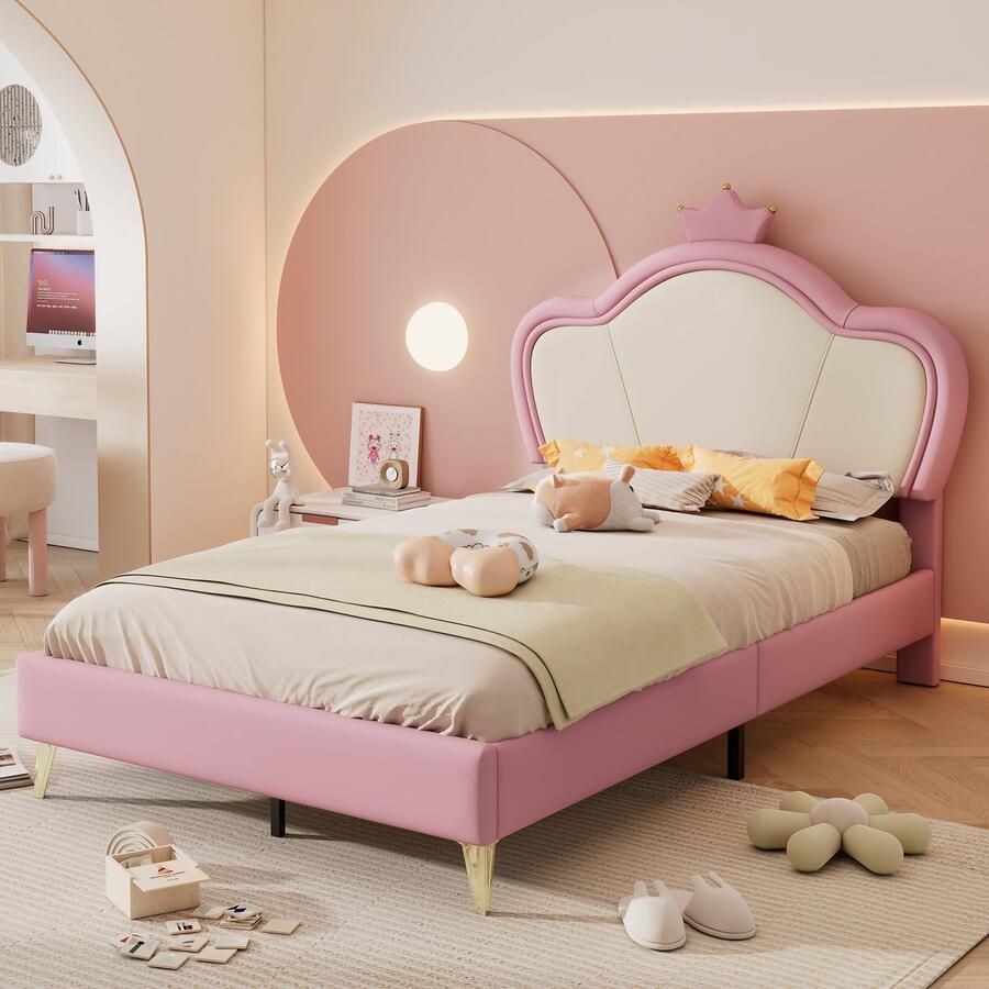 Gutent Kinderbed Roze + Wit (Zonder matras) Meisjesbed 90x200 cm met Zachte Beschermranden Hoofdbord met kroon metalen poten elegant voorgevormd gestoffeerd hoofdbord eenpersoonsbed PU