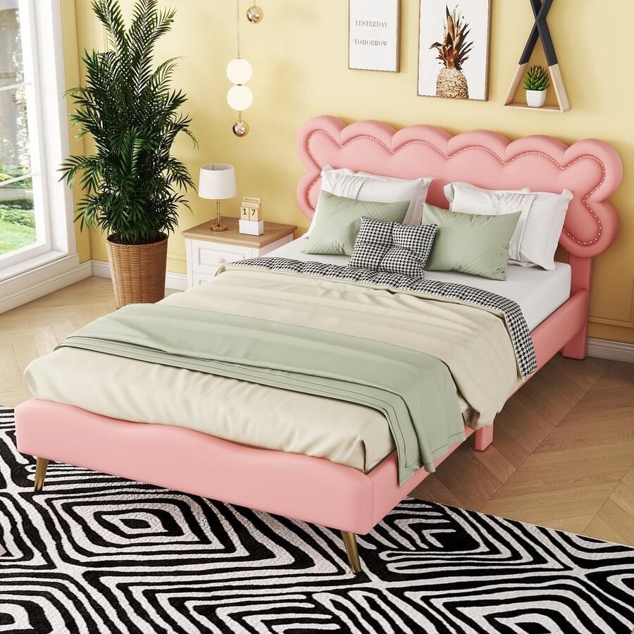 Sweiko Kinderbed Kussen bed 140 x 200 cm Tweepersoonsbed met Flat noedles frame (Geen matras) PU materiaal minimalistische stijl Roze