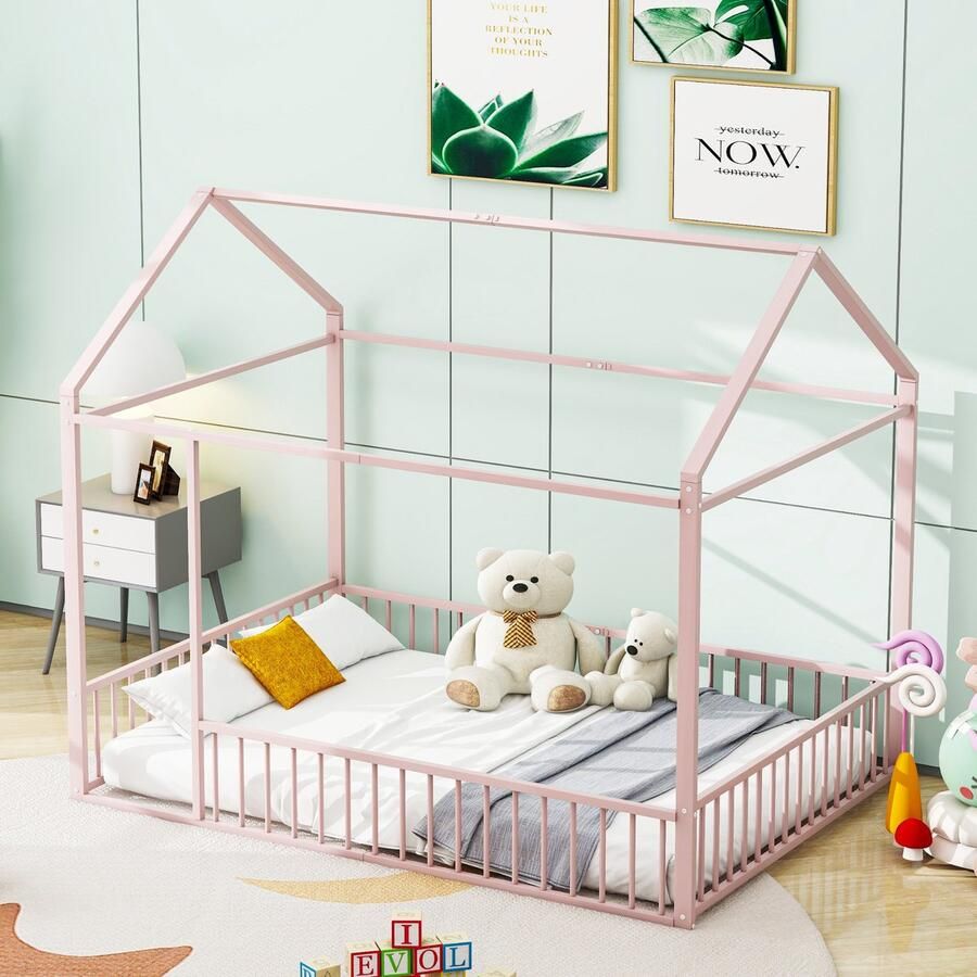 Gutent Kinderbed Roze (Zonder matras) 140x200 cm Metalen bed huis bed frame met behuizing voor kinderen tieners meisjes jongens