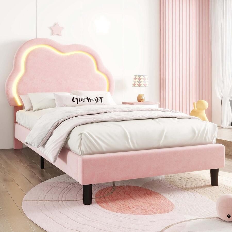 Gutent Kinderbed Roze (Zonder matras) 90x200 cm met Lattenbodem Afstandsbediening voor binnenverlichting verstelbaar hoofdeinde velours minimalistische stijl