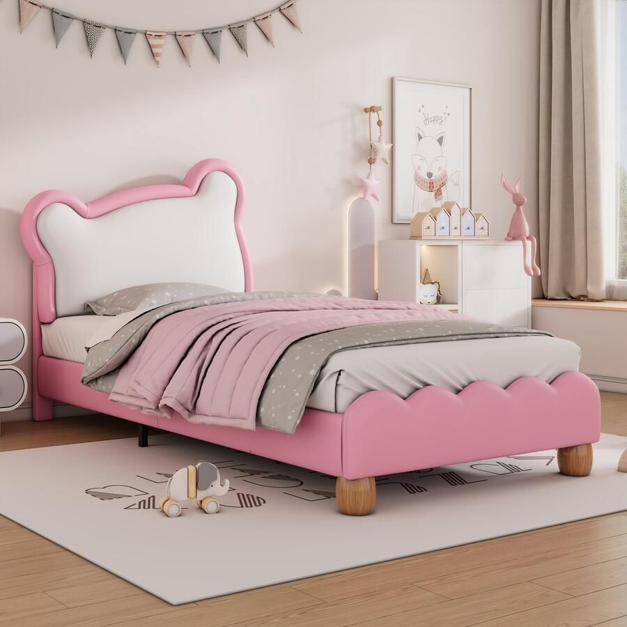 Gutent Kinderbed Roze (Zonder matras) Eenpersoonsbed 90x200 cm Gestoffeerd bed met gezellig berenhoofdbord houten lattenbodem PU Juniorbedden