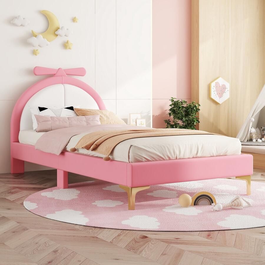 Gutent Kinderbed Roze (Zonder matras) Peuterbed 90x200 cm Plat bed Gestoffeerd bed Comfortabel gestoffeerd hoofdeinde roze look stijlvol en minimalistisch