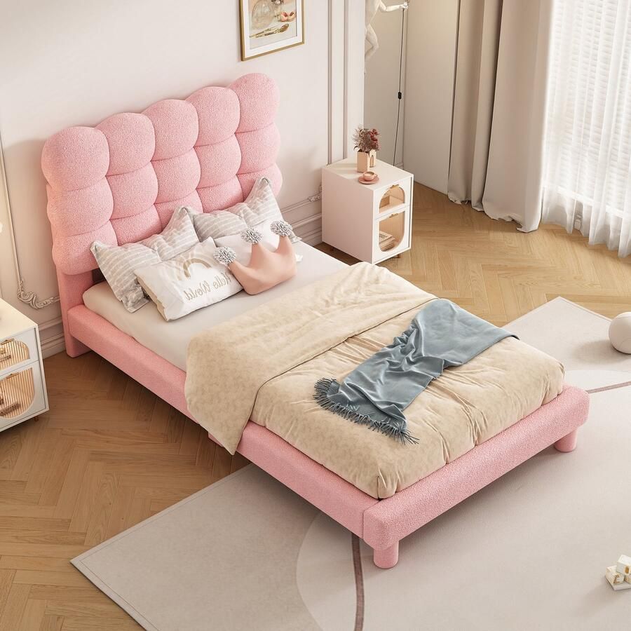 Sweiko 90x200cm plat bed Zacht Kussen bed Comfortabel Hoofdeinde interieur drievoudig verstelbaar hoofdeinde modieus en eenvoudig Roze (geen matras)