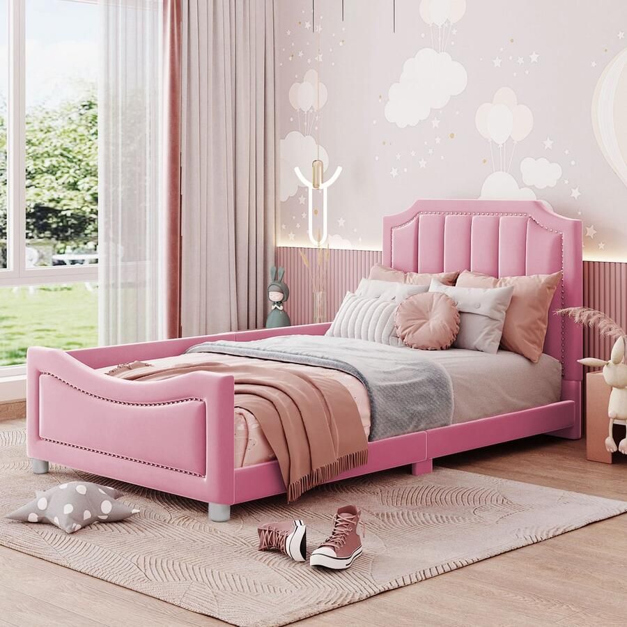 Gutent Kinderbed Roze(zonder matras) 90*200cm Slaapbank bedframe flanel multifunctioneel zacht bed met rugleuning armleuningen