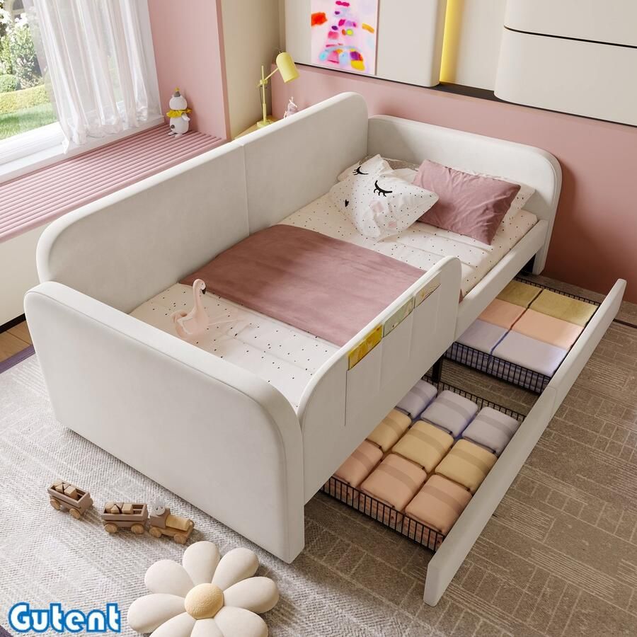 Gutent Kinderbed Slaapbank met metalen bedframe 3 kleine opbergvakken 2 laden op wieltjes Fluweel + MDF + kurk Wit 90x200 cm Zonder matras