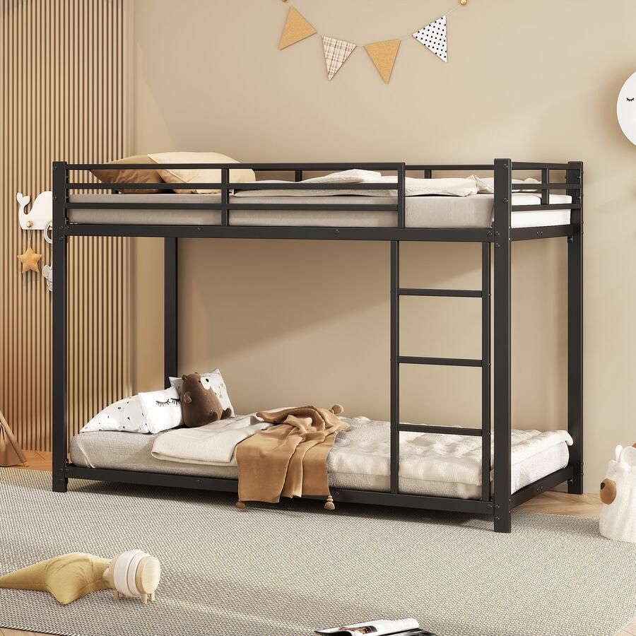 Sweiko 90*200 Kinderbed Stapelbed Ijzeren bed Stapelbed in klassieke vorm Zwart