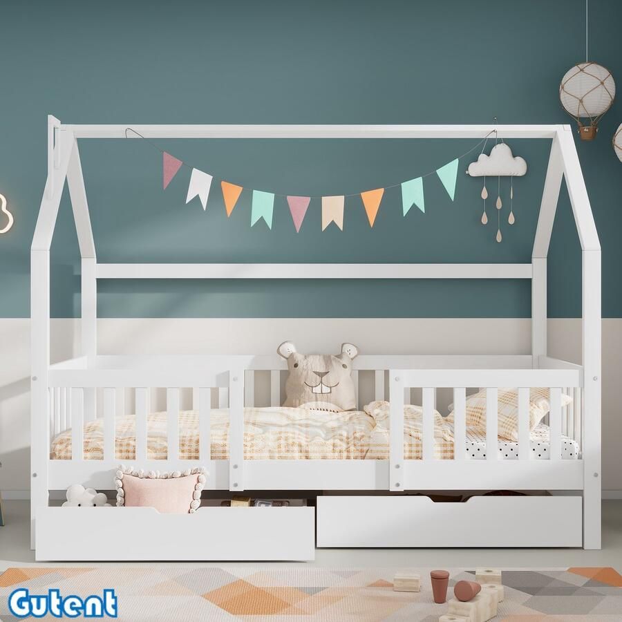 Gutent Kinderbed Twee opbergladen Grenen 90 x 200 cm Zonder matras Wit