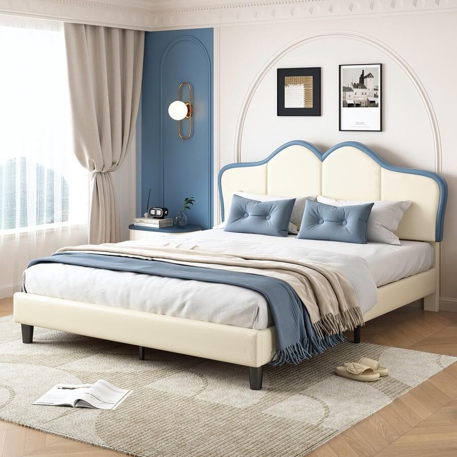 Gutent Kinderbed Wit + Blauw (Zonder matras) 140x200 cm met Zachte Beschermranden Stevige poten elegant voorgevormd gestoffeerd hoofdeinde eenpersoonsbed PU