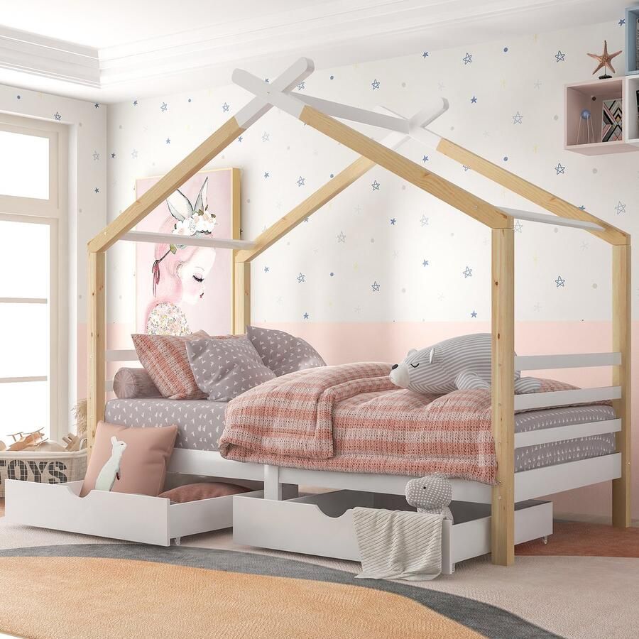 Gutent Kinderbed Wit + Houtkleur (Zonder matras) met laden Massief hout met lattenbodem grenen bed huisstijl kinder- en tienerkamer (90x200 cm)