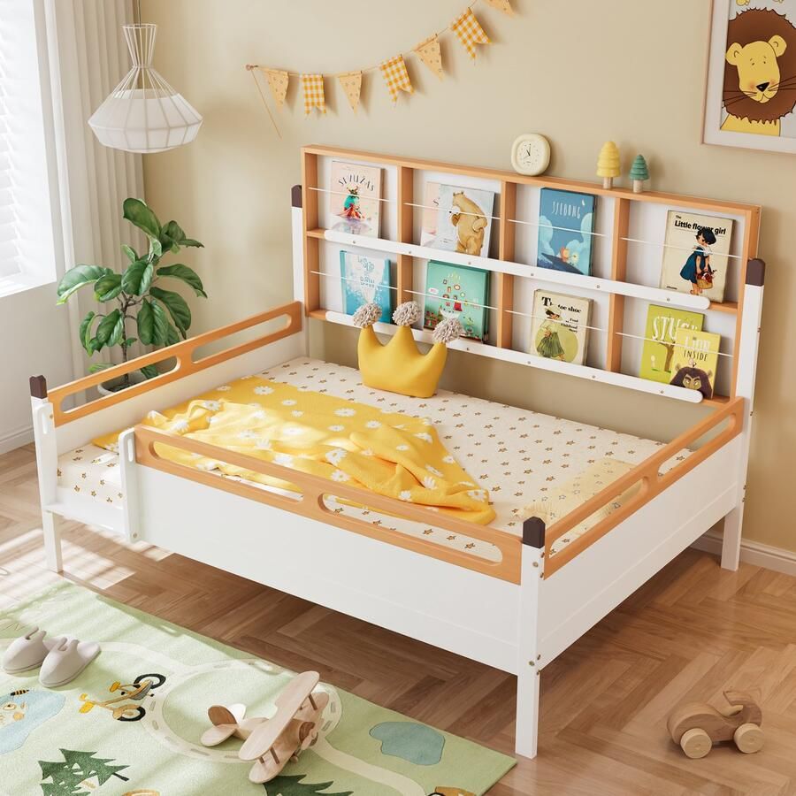YJZQ Kinderbed dagbed- tweepersoonsbed met valbeveiliging en zijladder-tienerbed met boekenkast platenstandaard open plank- grenen + MDF-wit+natuur-wit 140x200cm