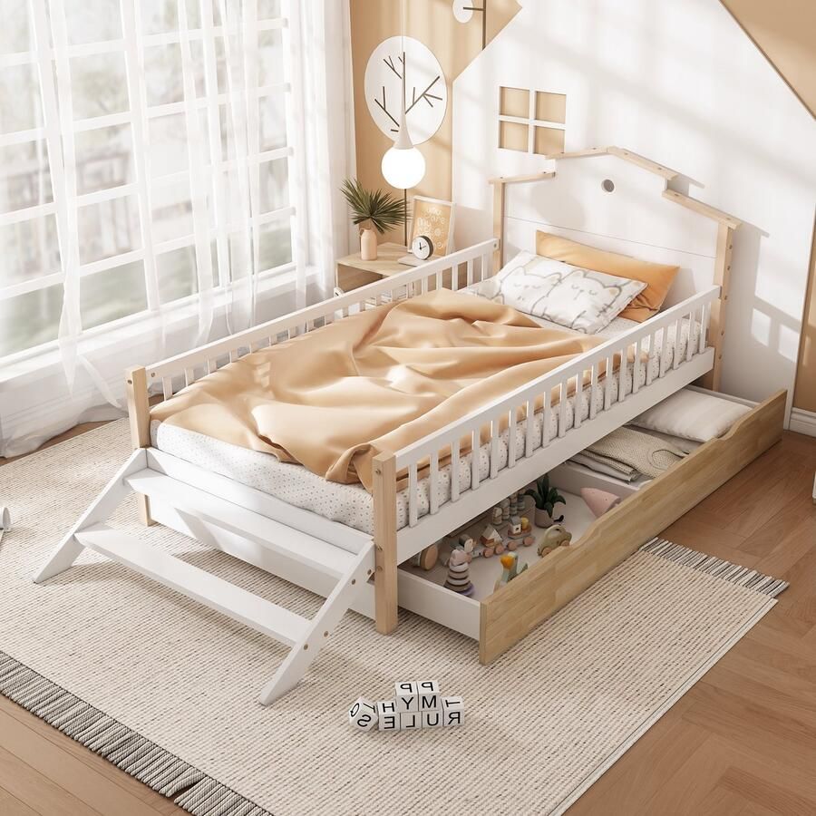 Gutent Kinderbed Wit + Naturel (Zonder matras) 90x200cm Valbeveiliging en rails Zijladder Den + MDF Tieners en volwassenen Houten bed Dennenhouten frame