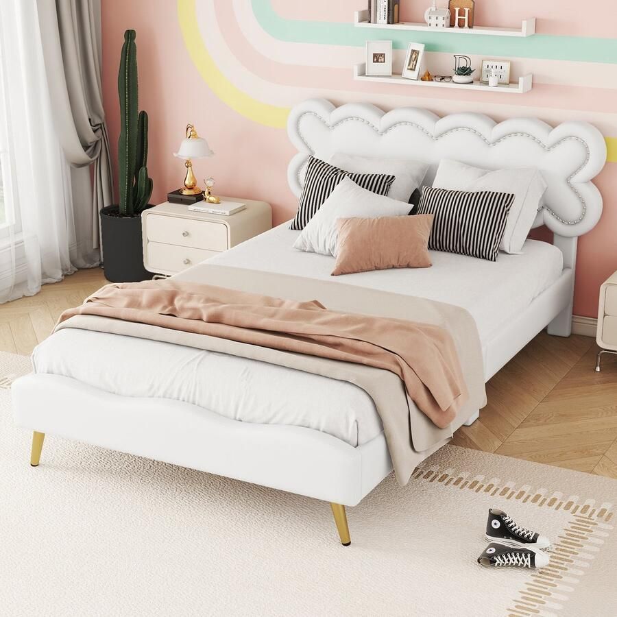 Sweiko Kinderbed Kussen bed 140 x 200 cm Tweepersoonsbed met Flat noedles frame (Geen matras) PU materiaal minimalistische stijl Wit
