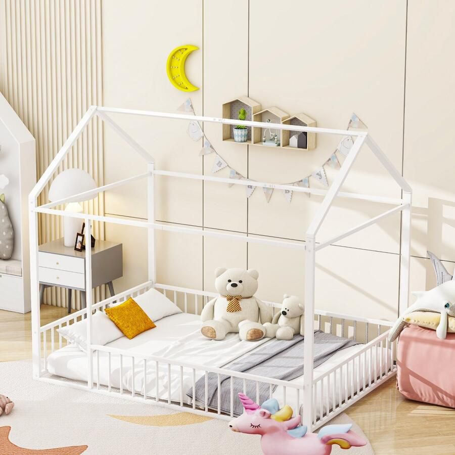 Gutent Kinderbed Wit (Zonder matras) 140x200 cm Metalen bed huis bed frame met behuizing voor kinderen tieners meisjes jongens