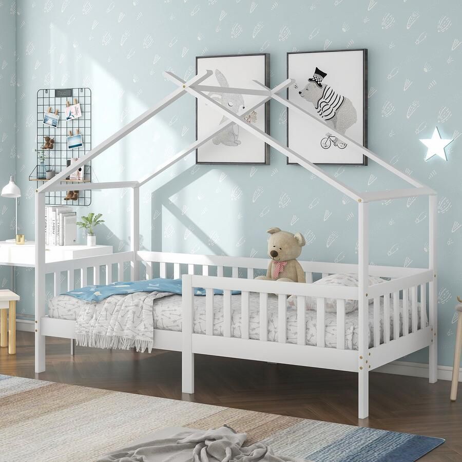 Sweiko Kinderbed Mooi Huisbed Massief Houten Wieg met hek en plat noedelsframe kinderen- en tienerkamer met valbeveiliging Wit (200x90cm)(Geen matras)