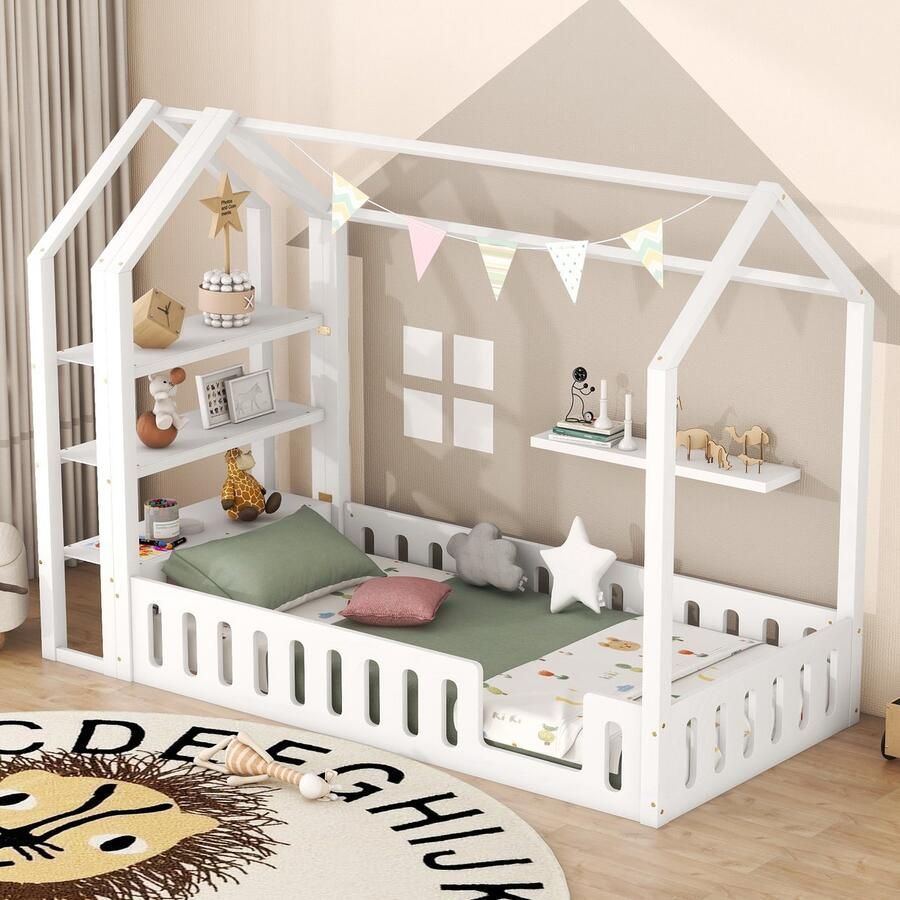 Gutent Kinderbed Wit (Zonder matras) 90 x 200 cm Plat bed familiebed met relingen kinderbed met 3 planken