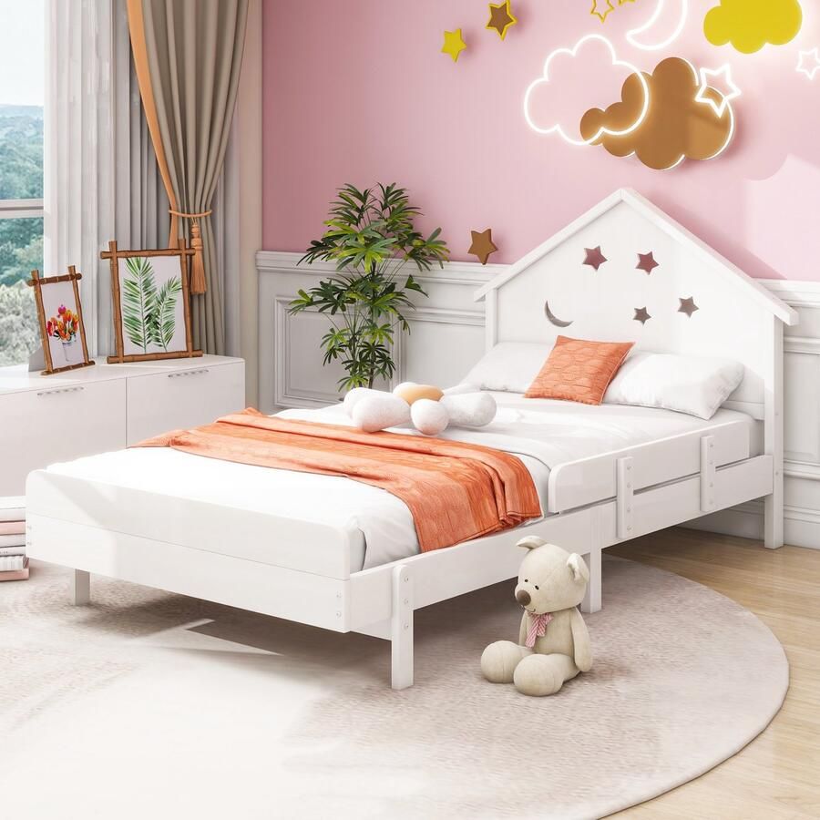 YJZQ Eenvoudig kinderbed 90*200 cm eenpersoonsbed van massief hout met hoofdbord in sterren-maanmotief wit
