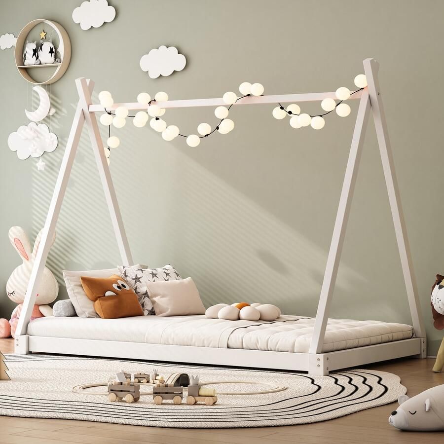 Gutent Kinderbed Wit (Zonder matras) 90x200 cm Massief Houten bed Eenpersoonsbed plat bed tentmodel bed huisstijl voor tieners