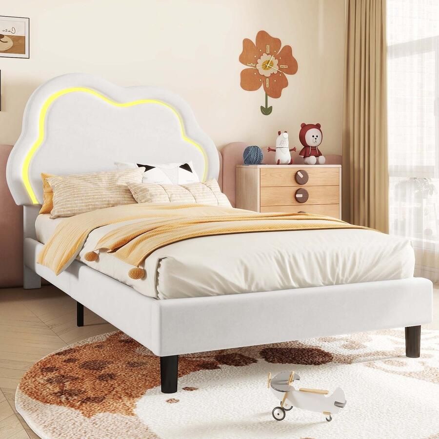 Gutent Kinderbed Wit (Zonder matras) 90x200 cm met Lattenbodem Afstandsbediening voor binnenverlichting verstelbaar hoofdeinde velours minimalistische stijl