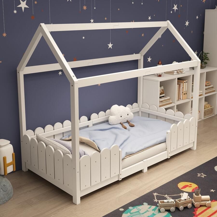Gutent Kinderbed Wit (Zonder matras) 90x200 cm Multifunctioneel Houten kinderbed voor jongens en meisjes huisstijl met valbeveiliging en lattenbodem
