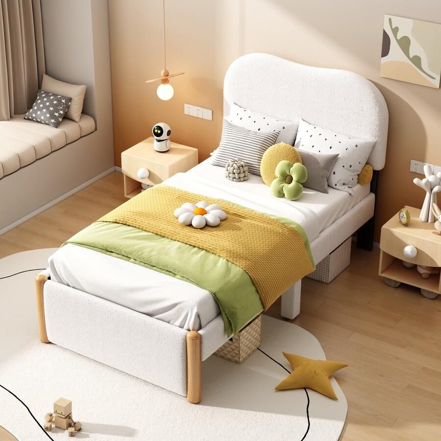 Sweiko 90*200cm Plat bed Gestoffeerd bed Kinderbed Wit hoofdeinde Minimalistische styling Wit