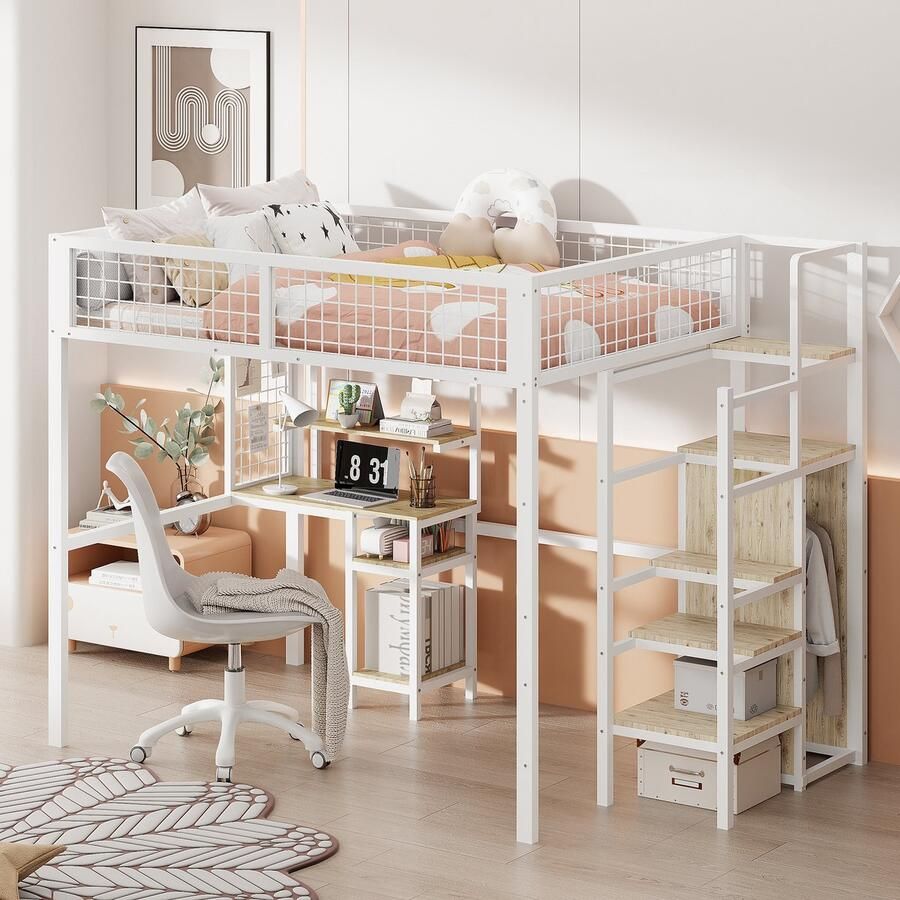 Sweiko Kinderbed Ijzeren Frame bed 140 x200cm Stapelbed met Veiligheidsladder babybedje met ijzeren frame kast en computerbureau Wit (Zonder matras)