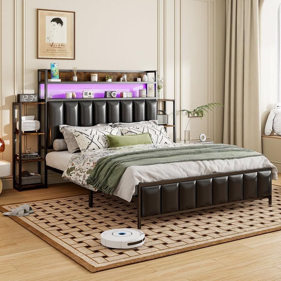 Gutent Kinderbed (Zonder matras) 140*200 cm met Meerdere planken met LED-verlichting ijzeren bed bekleding van imitatieleer Zwart