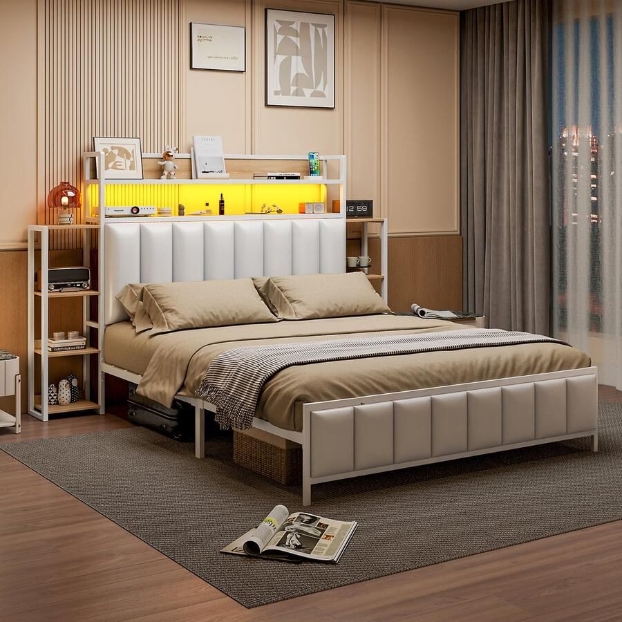 Gutent Kinderbed (Zonder matras) 140*200 cm met Meerdere planken met LED-verlichting ijzeren bed bekleding van imitatieleer Wit