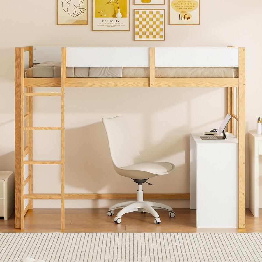 Sweiko Kinderbed Houten Stapelbed 90x200cm Veiligheidstrap met tafel Hoog Hekontwerp Eenpersoonsbed babybedje Wit+Natuurlijke kleur (Geen matras)