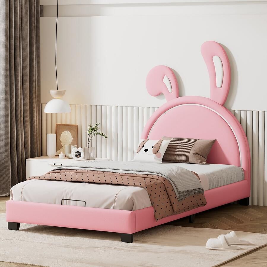 Sweiko Kussenbed 90*200cm Wieg met platte noedelsvoet en rugleuning Konijnenoortvormig meisjesbed verhoogde voeten Roze (excl. matras)