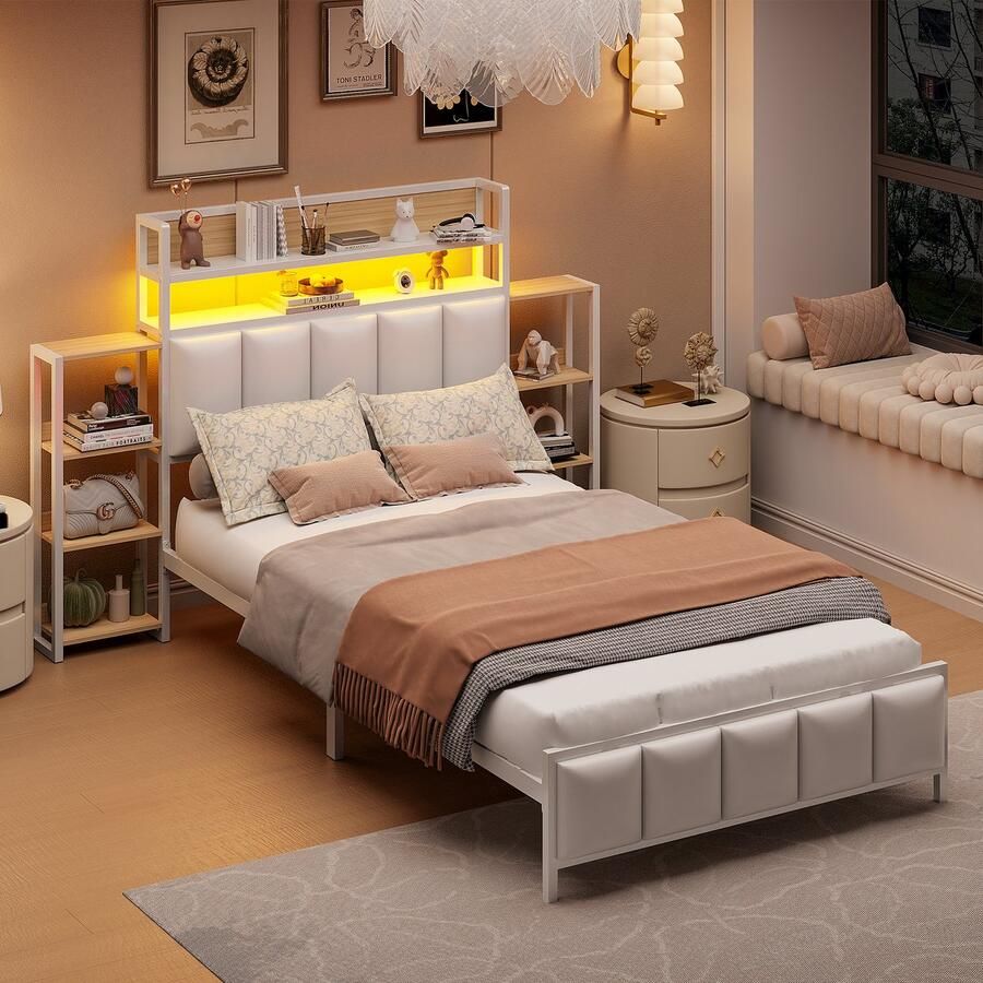 Gutent Kinderbed (Zonder matras) 90*200 cm met Meerdere planken met LED-verlichting ijzeren bed bekleding van imitatieleer Wit