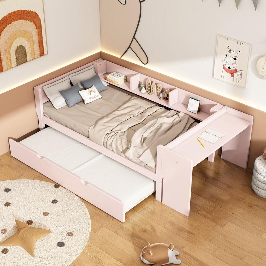 Sweiko 90*200cm Eenpersoonsbed Kinderbed met Uitschuifbaar bed met Bureau 3 planken aan de zijkant van het bed Roze