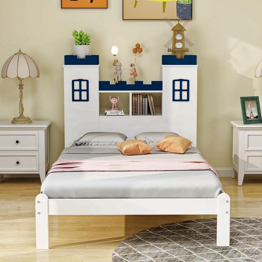 Gutent Kinderbed (Zonder matras) 90x200cm Kasteelvorm Meerdere opbergvakken Lattenbodem juniorbed Wit