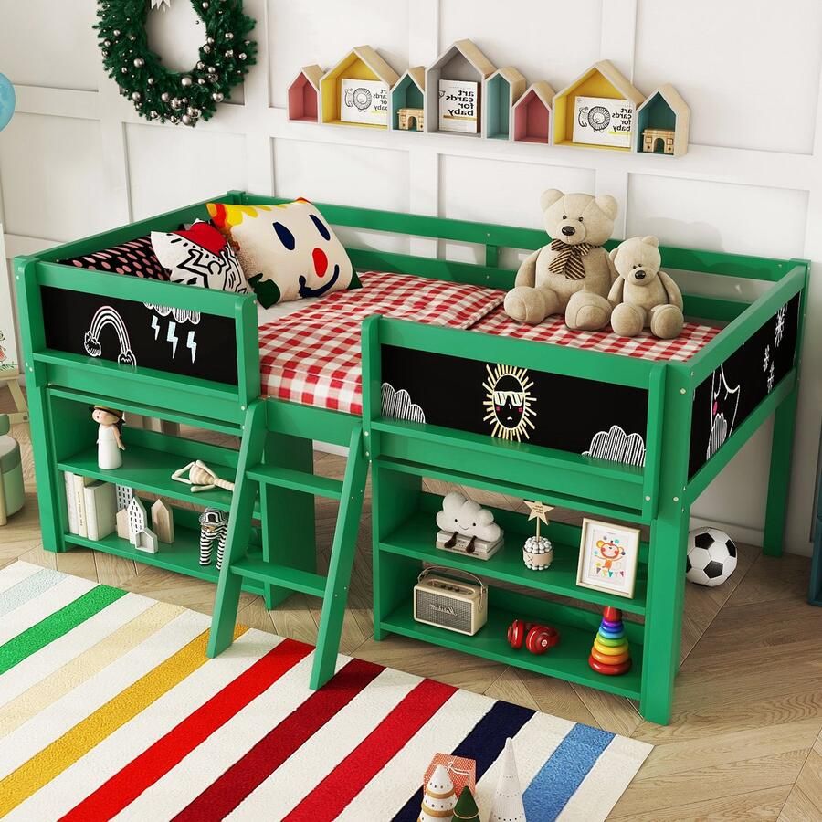 Gutent Kinderbed (Zonder matras) Halfhoog 90*200 cm meerdere Opbergplanken met rails ladder grenen Groener