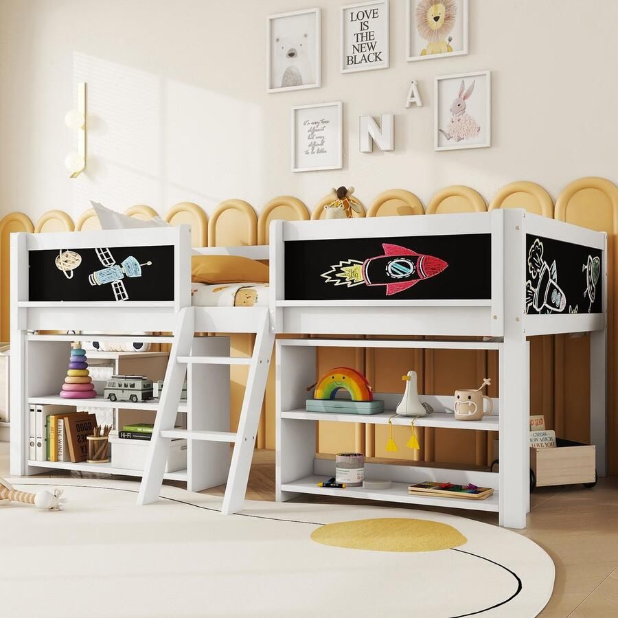 Gutent Kinderbed (Zonder matras) Halfhoog 90*200 cm meerdere Opbergplanken met rails ladder grenen Wit