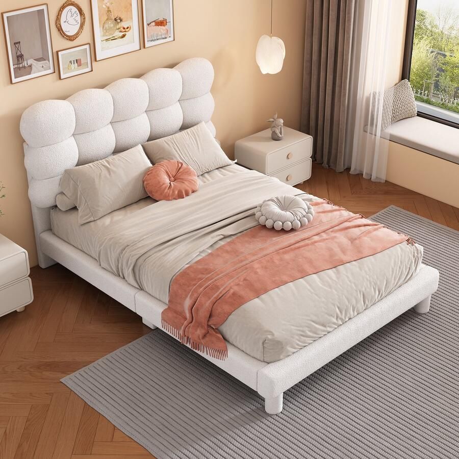 Sweiko 140*200cm Tweepersoonsbed Plat bed Gestoffeerd bed Comfortabele hoofdbordbekleding Drievoudig verstelbaar hoofdbord Modieus en eenvoudig Wit