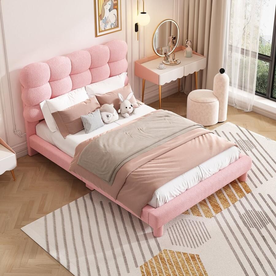 Sweiko 140*200cm Tweepersoonsbed Plat bed Gestoffeerd bed Comfortabele hoofdbordbekleding Drievoudig verstelbaar hoofdbord Modieus en eenvoudig Roze