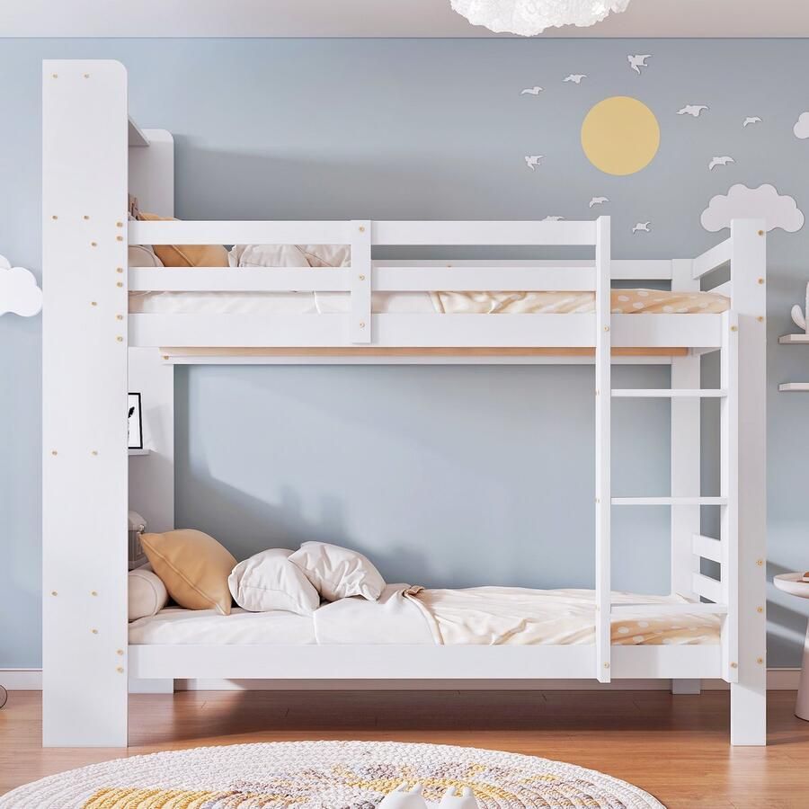 Gutent Kinderbed (Zonder matras) Stapelbed met plank en Driestaps haakse ladder houten opbergbed massief hout Wit 90x200 cm