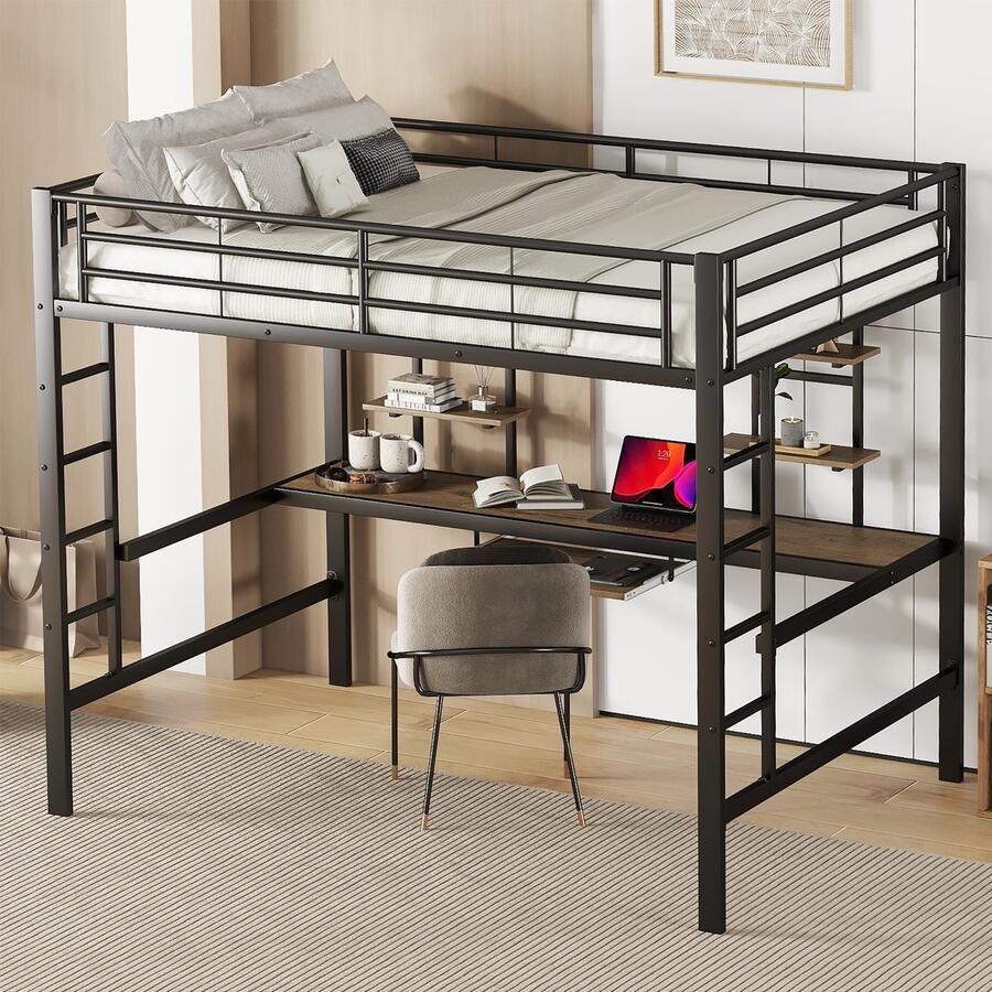 Sweiko Kinderbed Metalen bed Ijzeren bed Hoogslaper met Bureau en 2 boekenkasten 140x200cm Zwart (Zonder stoelen)