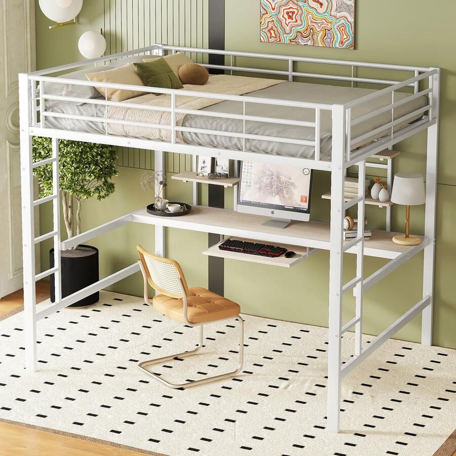 Gutent Kinderbed (Zonder matras Zonder stoel) Metalen bedframe met bureau en twee boekenplanken Geschikt voor kinderen Tieners en Volwassenen 140x200 cm Wit
