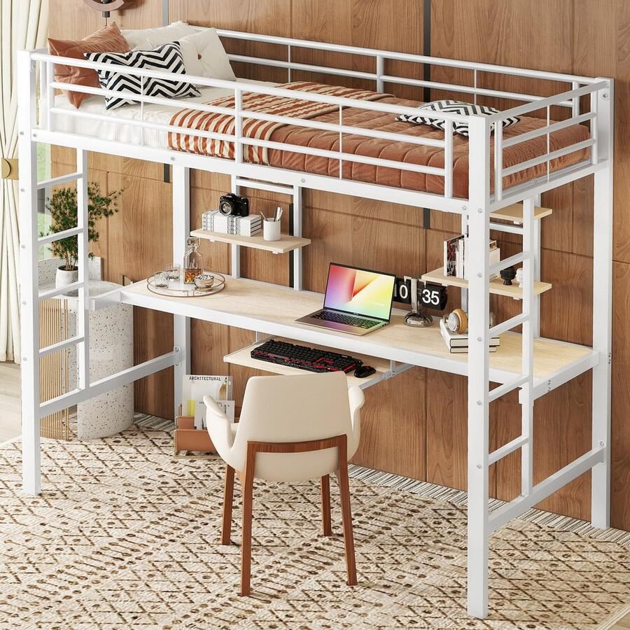 Gutent Kinderbed (Zonder matras Zonder stoel) Metalen bedframe met bureau en twee boekenplanken Geschikt voor kinderen Tieners en Volwassenen 90x200 cm Wit