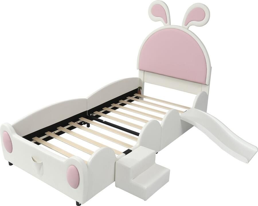 Gutent Kinderbedden Prinsessenbedden voor meisjes met trapje en glijbaan Bunny look PU stof Wit +Roze 90x200 cm Zonder matras