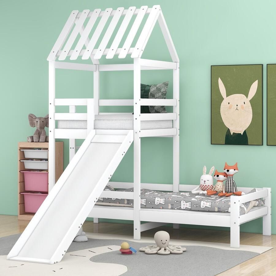 Sweiko Kinderbed met glijbaan met rechthoekige ladder Huisbed met dak Speeltorenbed met valbeveiliging en rooster frame van massief dennenhout Wit (90x200cm tot 90x100cm)