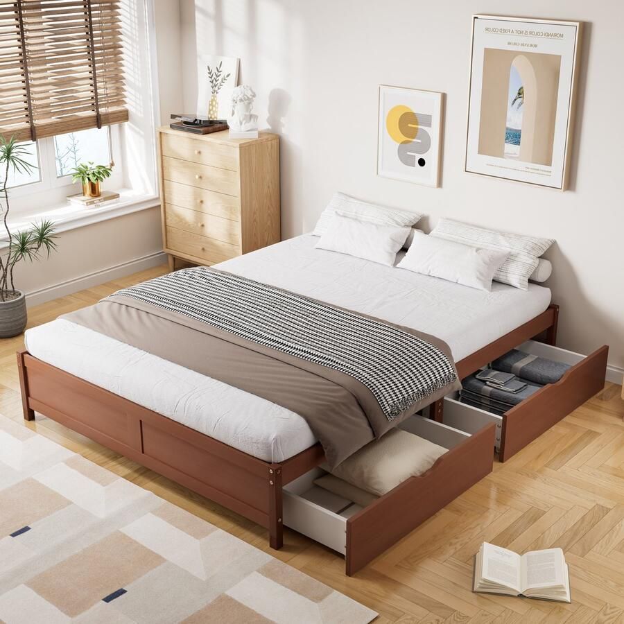 Sweiko Tweepersoonsbed Houten bed Twee laden op wieltjes Geschikt voor tieners en volwassenen Frame van dennenhout Stevige lattenbodem Dennenhout + MDF Bruin 140x200cm