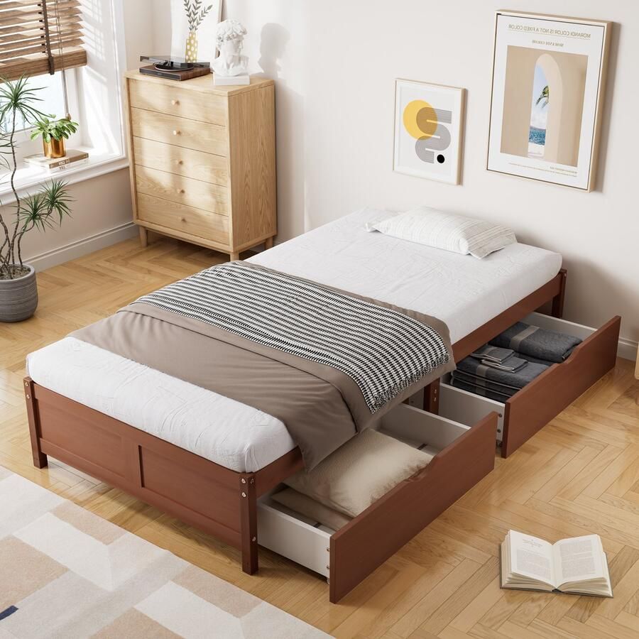 Gutent Kinderbed(zonder matras) Plat bed met Twee laden Grenen lattenbodem Grenen + MDF 90x200cm Vintage Houtkleur