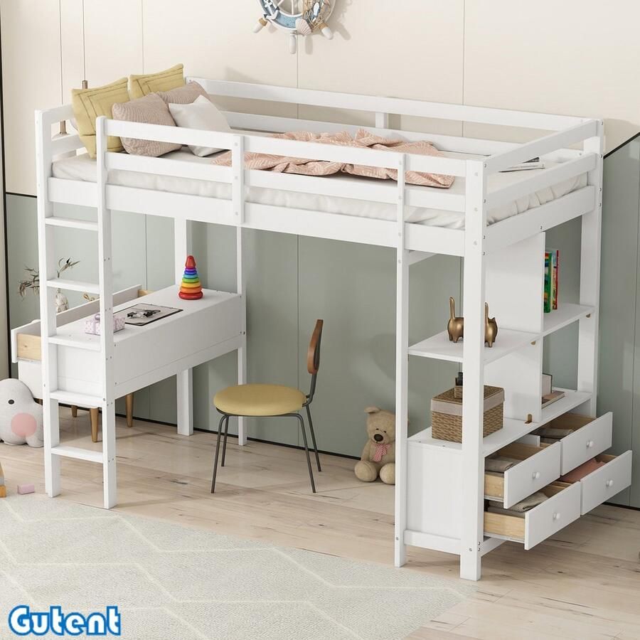 Gutent Kinderhoogslaper 90 x 200 cm met opbergladen bureau onder bed Geen matras Wit-Geen stoelen