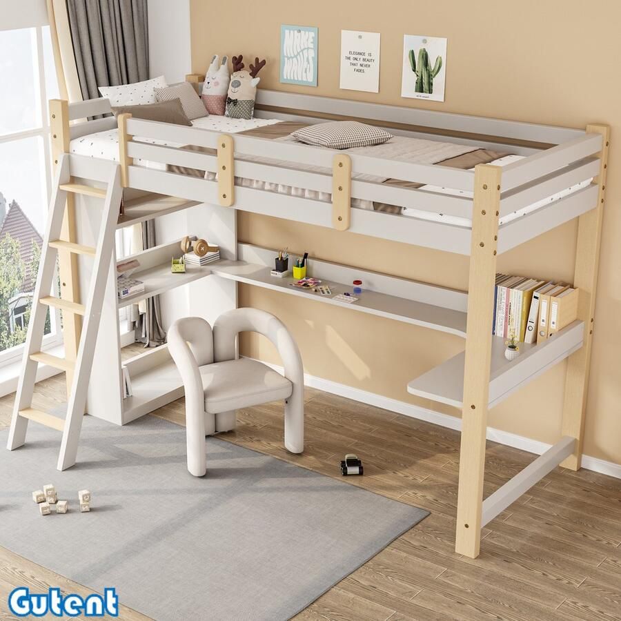 Gutent Kinderhoogslaper-90x200 cm-met veiligheidsrails-met hoekladder-geïntegreerd bureau en boekenkast-massief hout-Wit-Zonder matras
