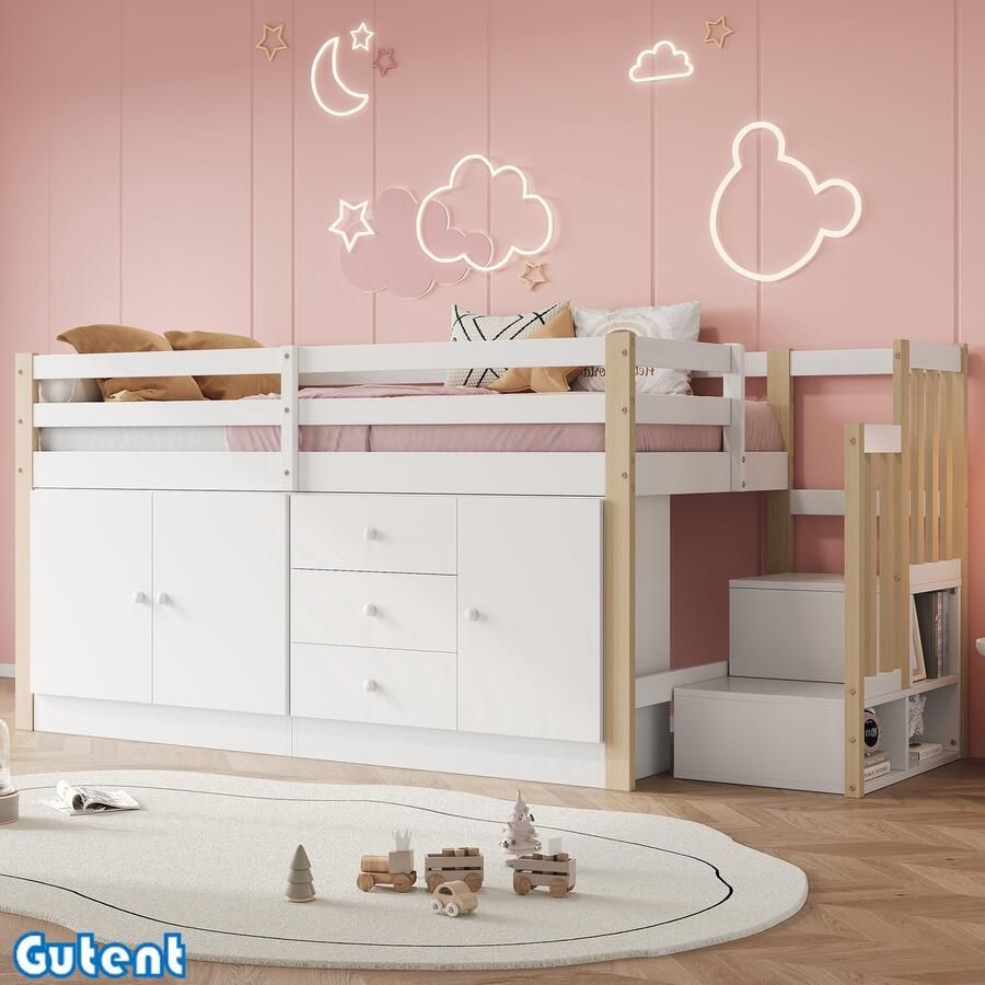 Gutent Kinderhoogslaper met trap met laden en kleerhangers Zonder matras Wit 90*200 cm